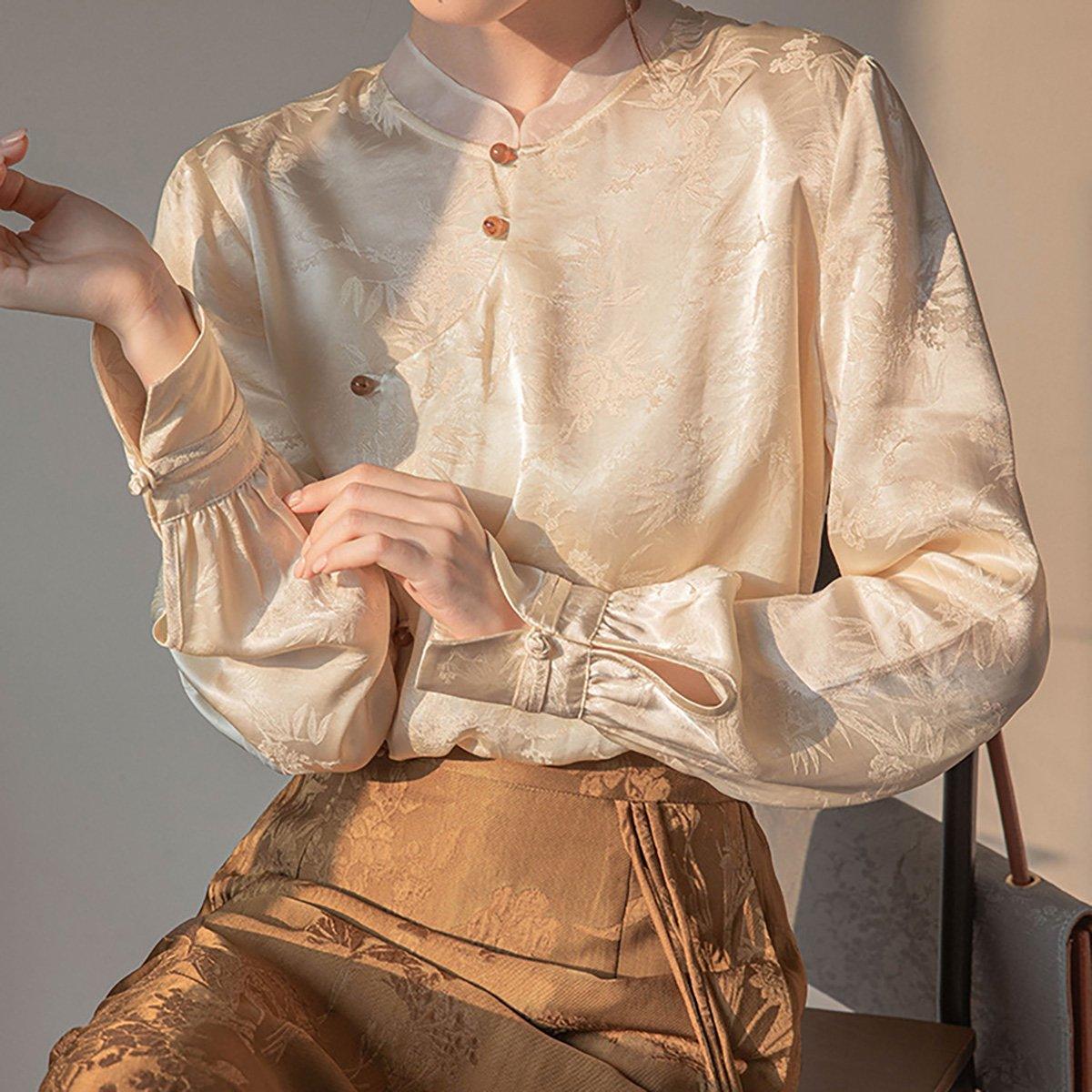 New Chinese Style Womens Top Stand-up Collar Long Sleeve Elegant Fashion Shirt - L