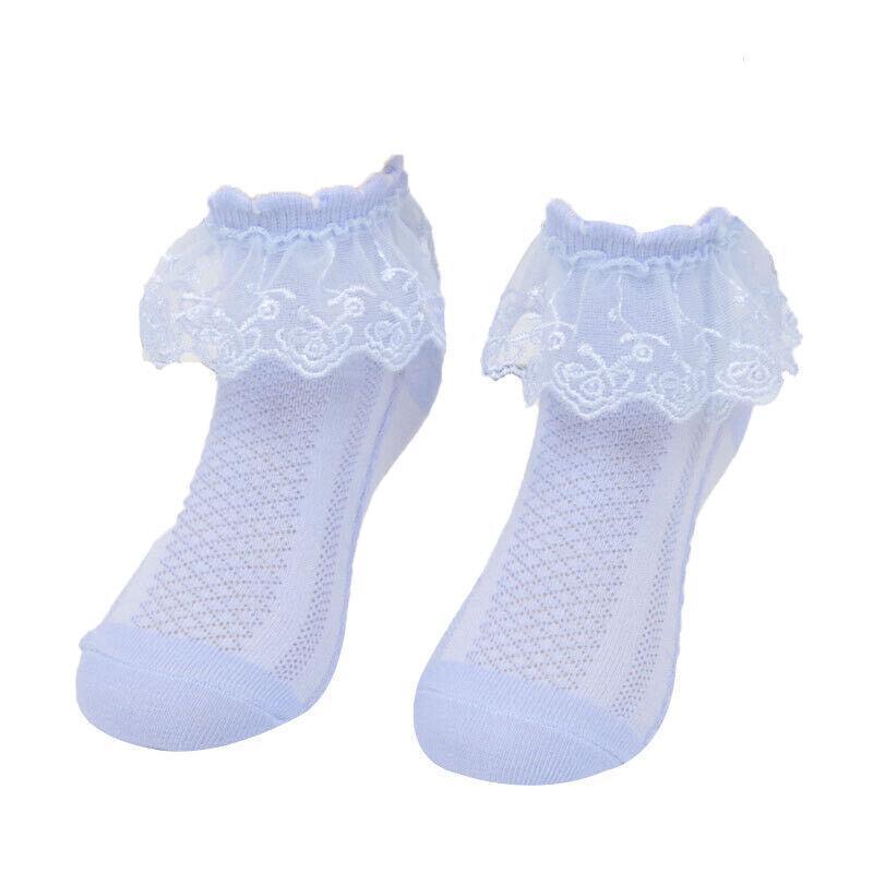 Lace Ruffle Frilly Short Socks for Girls Ankle Length M Size Fits 4-6 Years - Blue