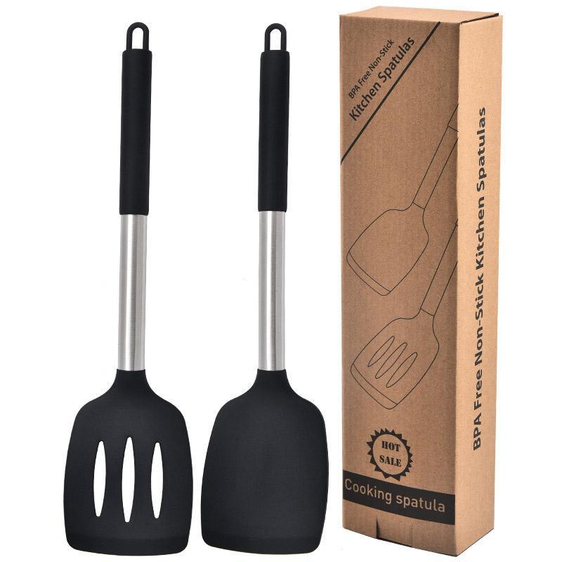 2pcs Silicone Cooking Utensils Stir Fry Spatula Kitchen Tools Non Stick Cookware - Grey