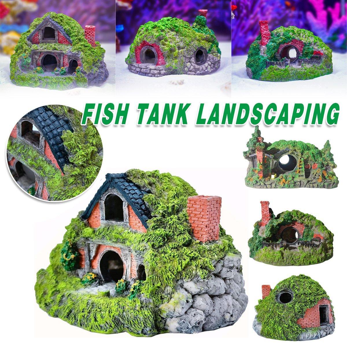 Resin Grass House Aquarium Ornament Natural Fish Tank Decoration Hideaway - A