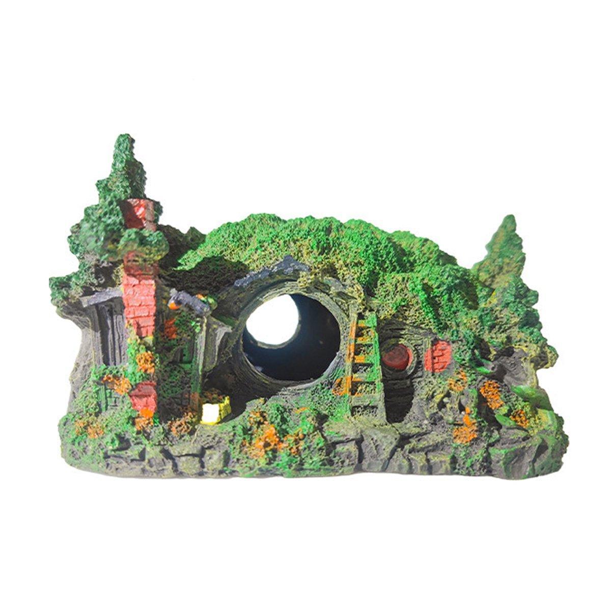 Resin Grass House Aquarium Ornament Natural Fish Tank Decoration Hideaway - A