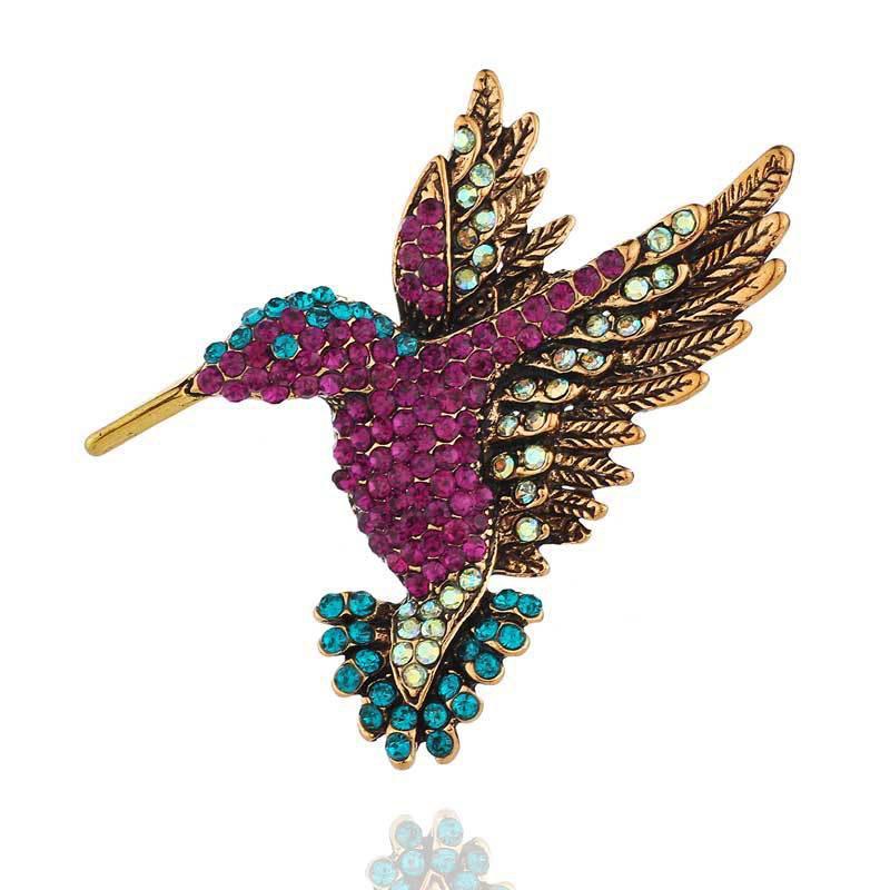 Fashion Hummingbird Brooch Pink Diamond Silver Brooch Gift Retro Style - Blue