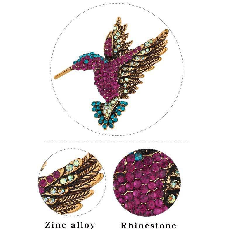 Fashion Hummingbird Brooch Pink Diamond Silver Brooch Gift Retro Style - Colourful