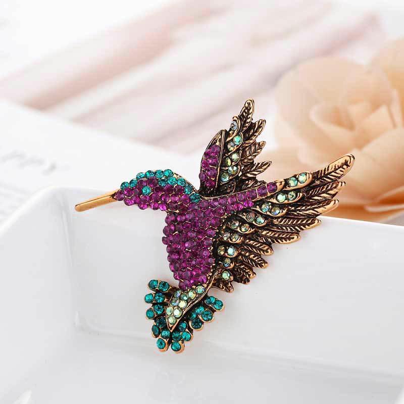 Fashion Hummingbird Brooch Pink Diamond Silver Brooch Gift Retro Style - Colourful