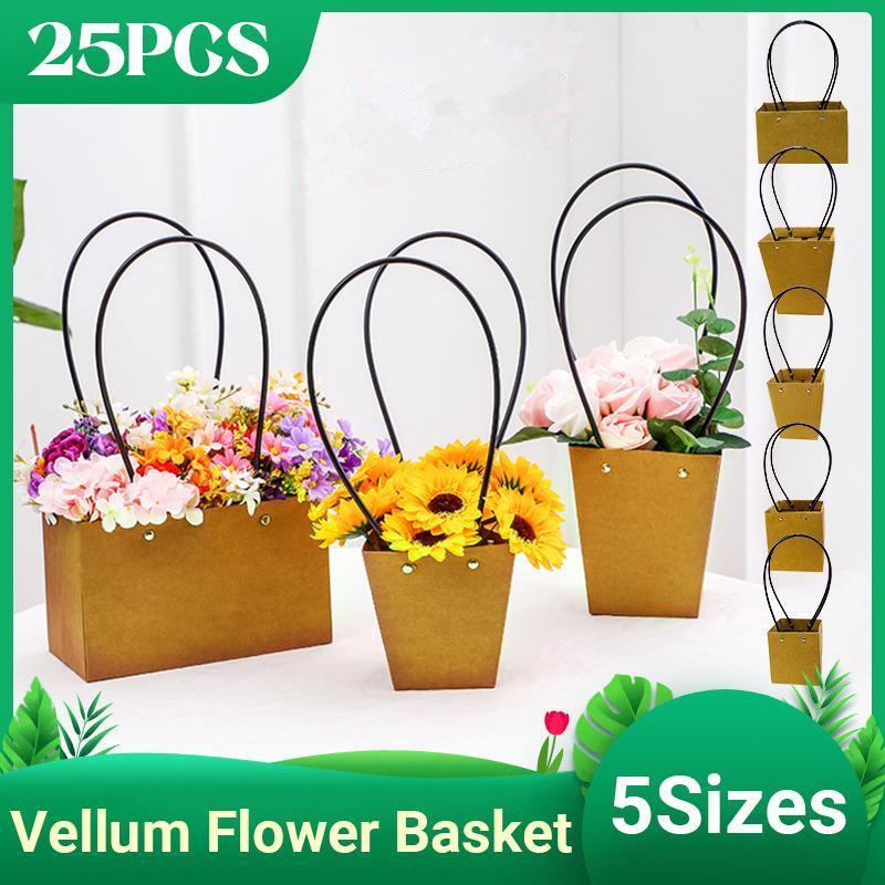 25x Kraft Paper Bag Flowers Waterproof Bouquet Basket Gift Box With Handle - 25PCS-Sq Big