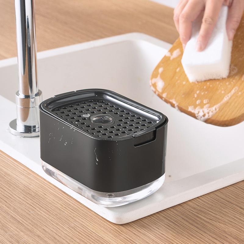 2in1 Soap Dispenser Pump Sponge Holder Countertop Dishwashing Liquid Container - Black