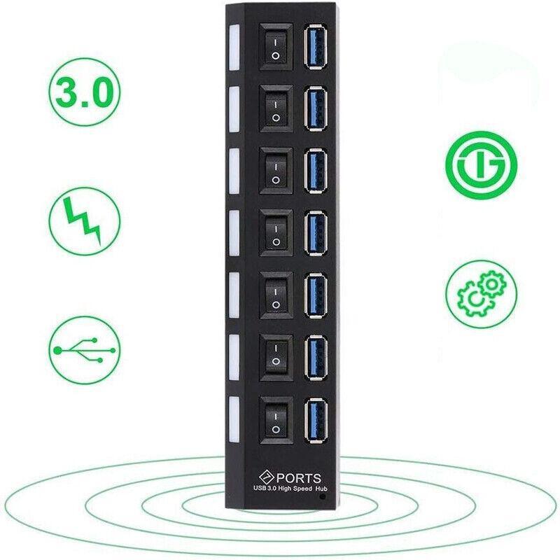 7 Port Usb 3.0 High Speed Extension Hub Splitter Extender For Pc Laptop Macbook - White