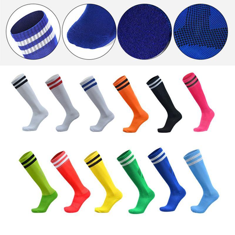 Mens Womens Sports Breathable Tube Long High Socks Knee Warm Casual Footy Soccer - White+Blue