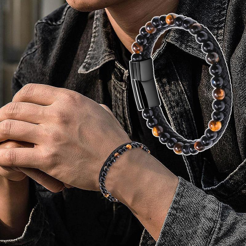 Tiger Eye Natural Stone Beaded Bracelet Women Men Elasticity Bangle hand Jewelry - Tiger Eye