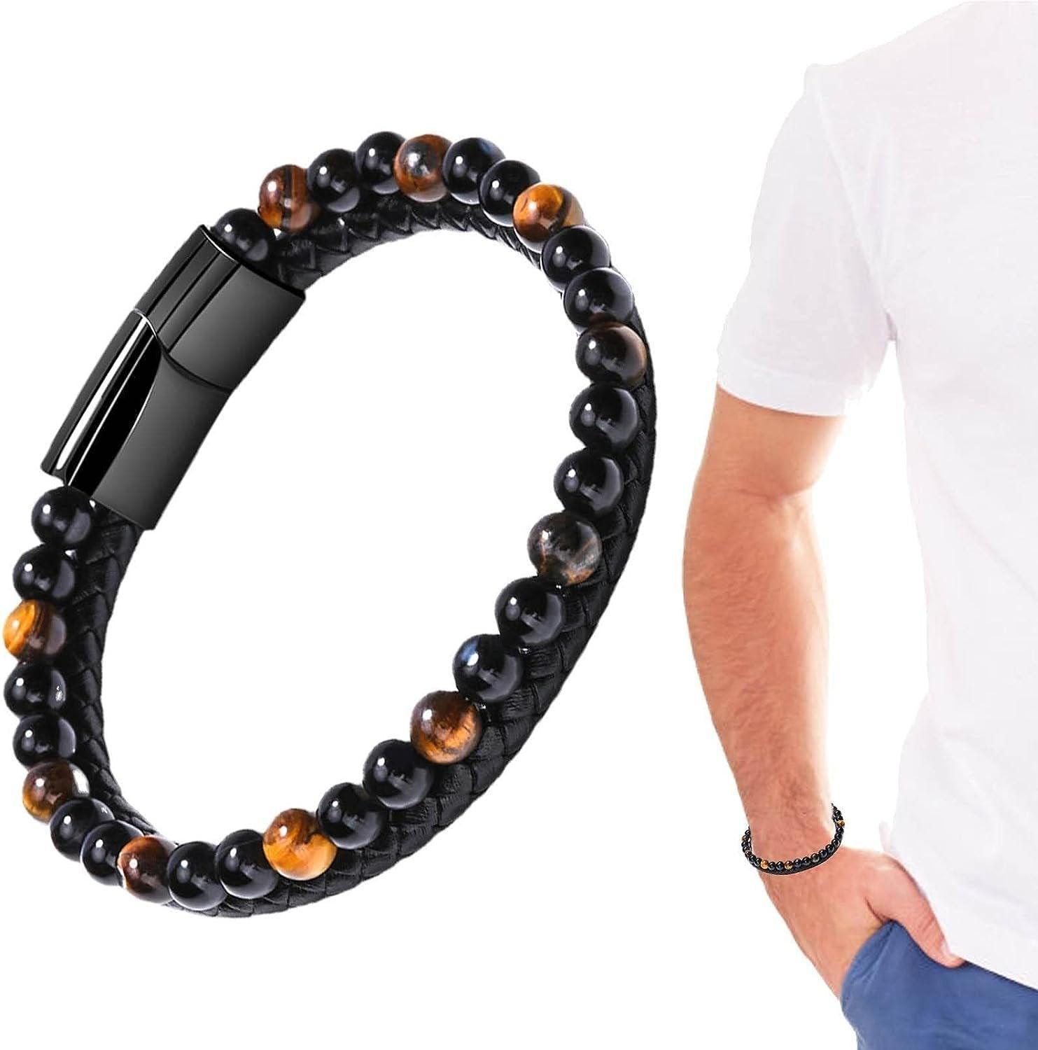 Tiger Eye Natural Stone Beaded Bracelet Women Men Elasticity Bangle hand Jewelry - Tiger Eye