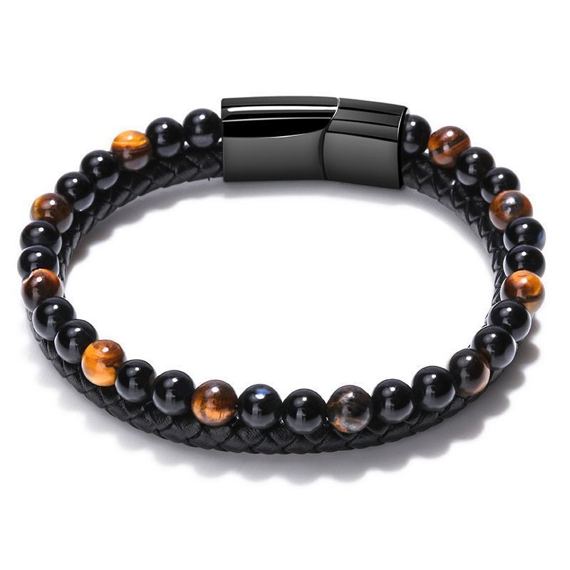 Tiger Eye Natural Stone Beaded Bracelet Women Men Elasticity Bangle hand Jewelry - Grey Lava