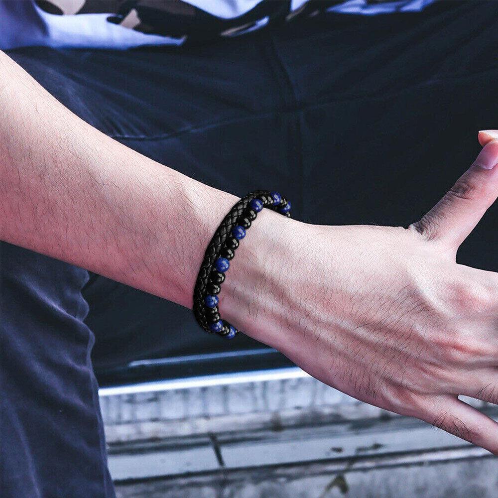 Tiger Eye Natural Stone Beaded Bracelet Women Men Elasticity Bangle hand Jewelry - Blue Stone