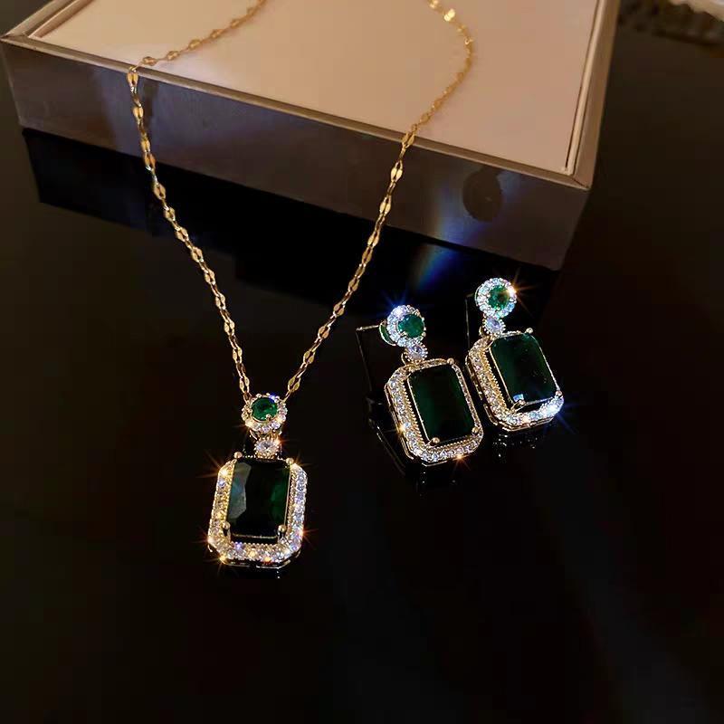Vintage Paraiba Tourmaline Emerald Gemstone Earrings Ring Necklace Women Gift - Necklace