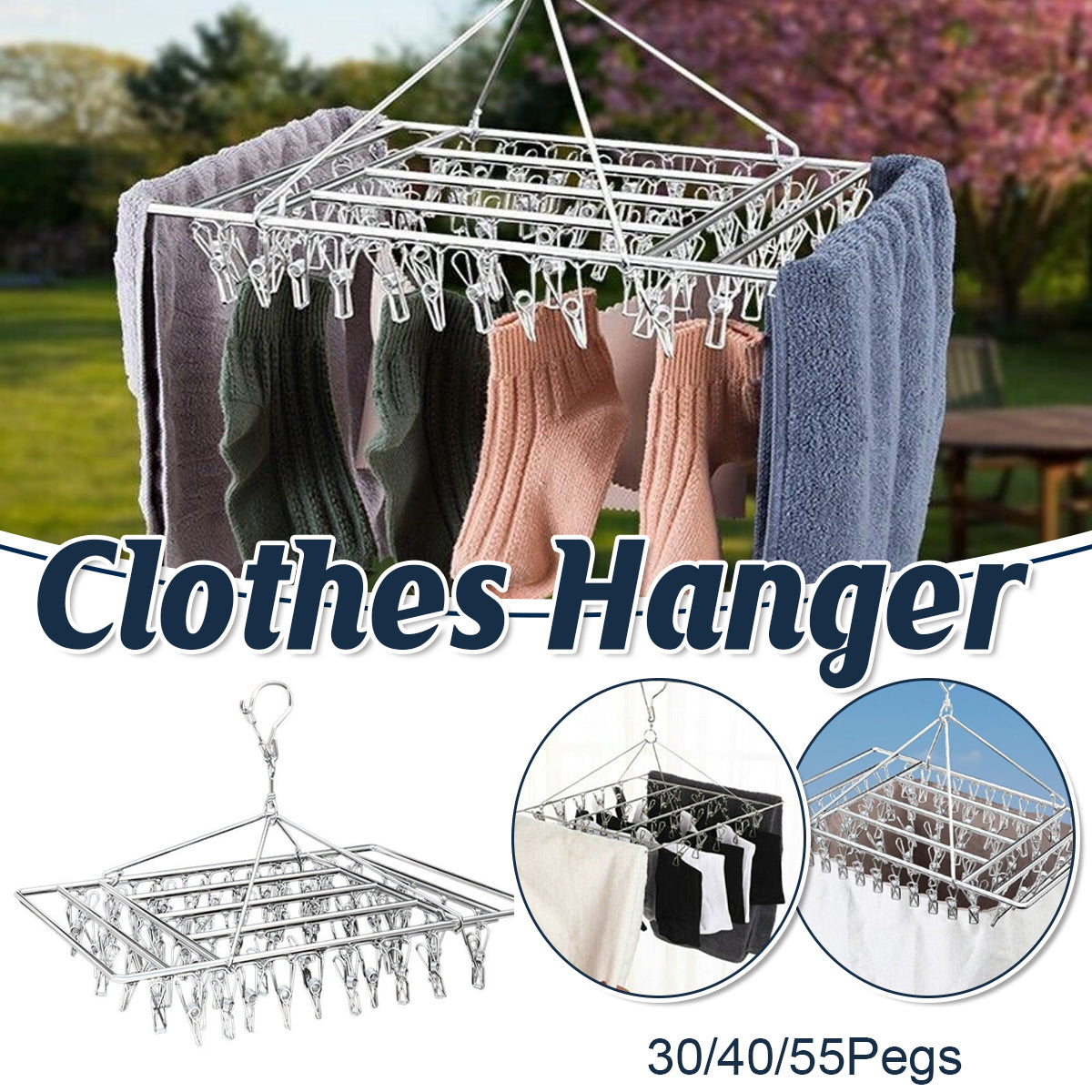 30/40/55 Pegs Stainless Steel Laundry Sock Underwear Clothes Dryer Rack Hanger - 30Pegs