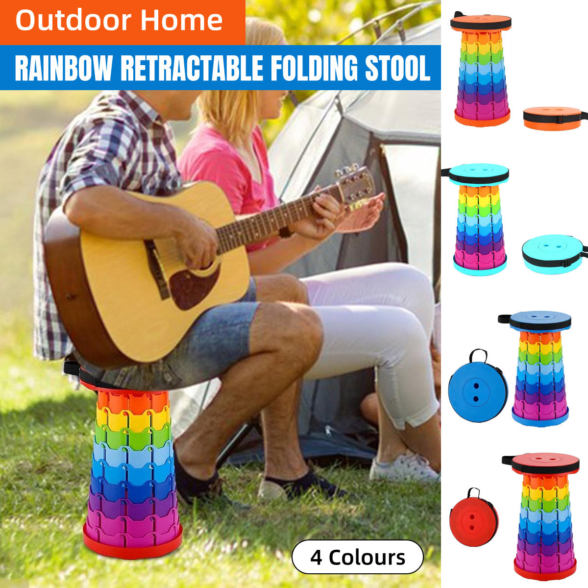 Rainbow Telescopic Folding Stool Thickened Travel Outdoor Seat for Camping - Orange