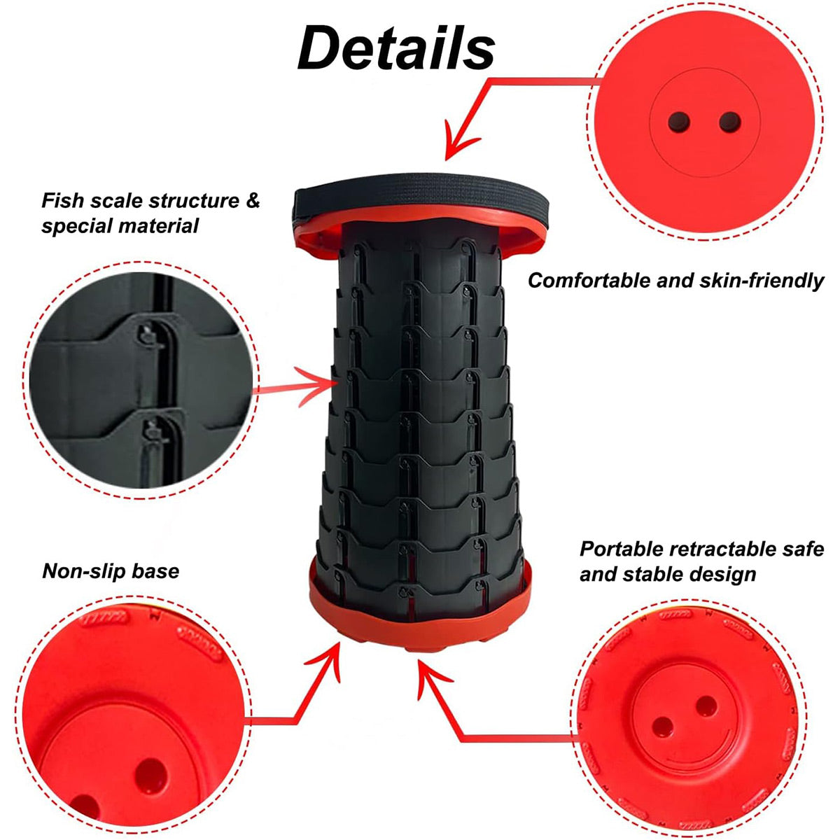 Portable Telescopic Folding Stool Travel Outdoor Seat Compact Retractable Chair - Red