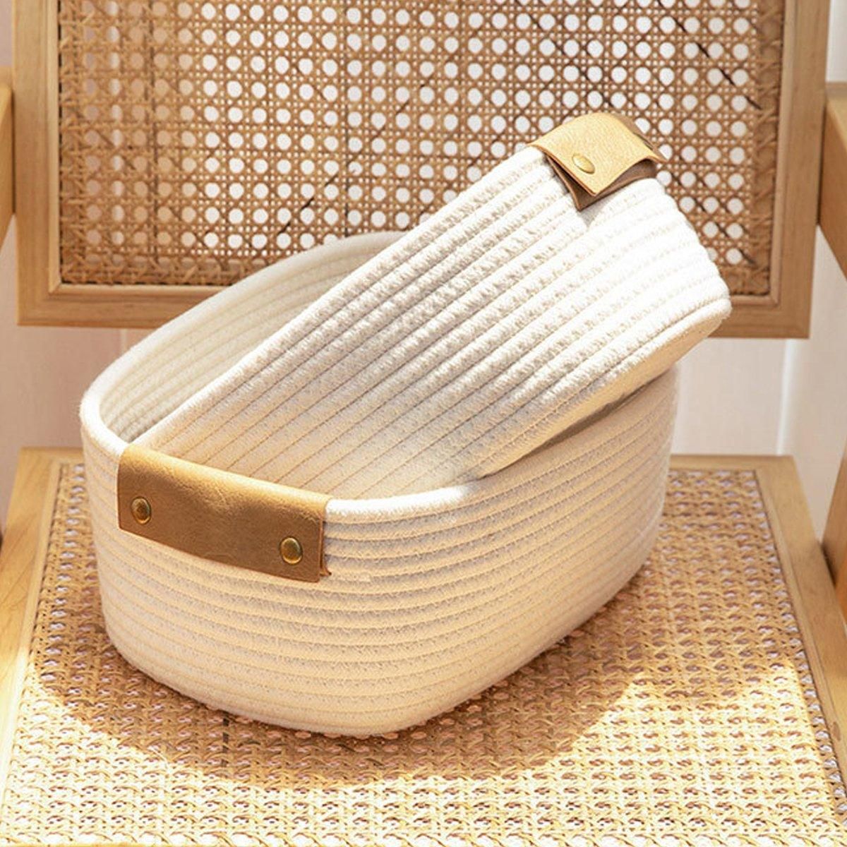 1-Piece White Cotton Rope Storage Basket with Handles