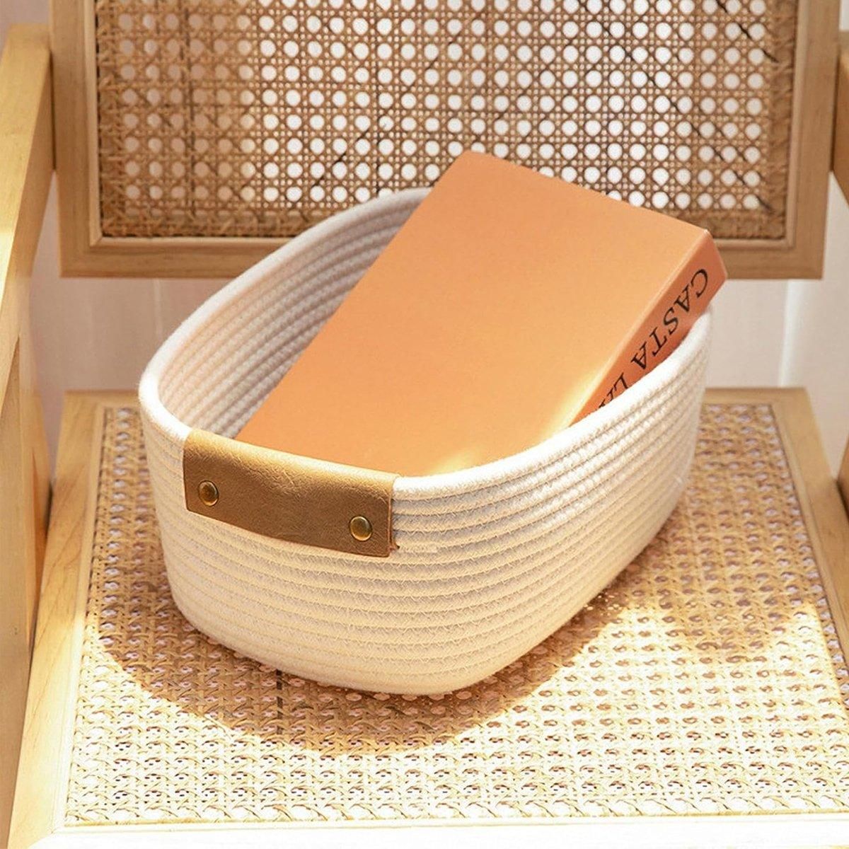 1-Piece White Cotton Rope Storage Basket with Handles