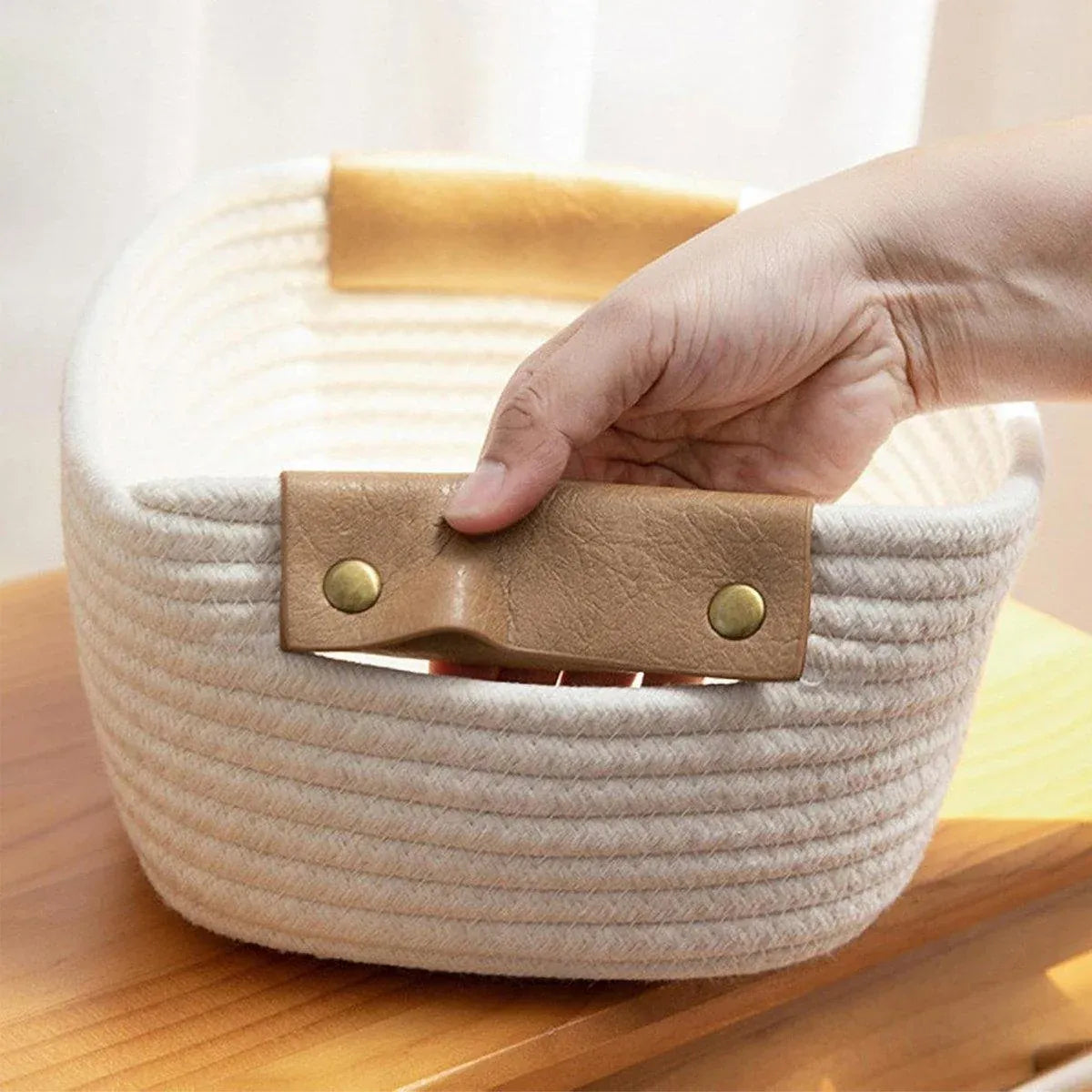 1-Piece White Cotton Rope Storage Basket with Handles