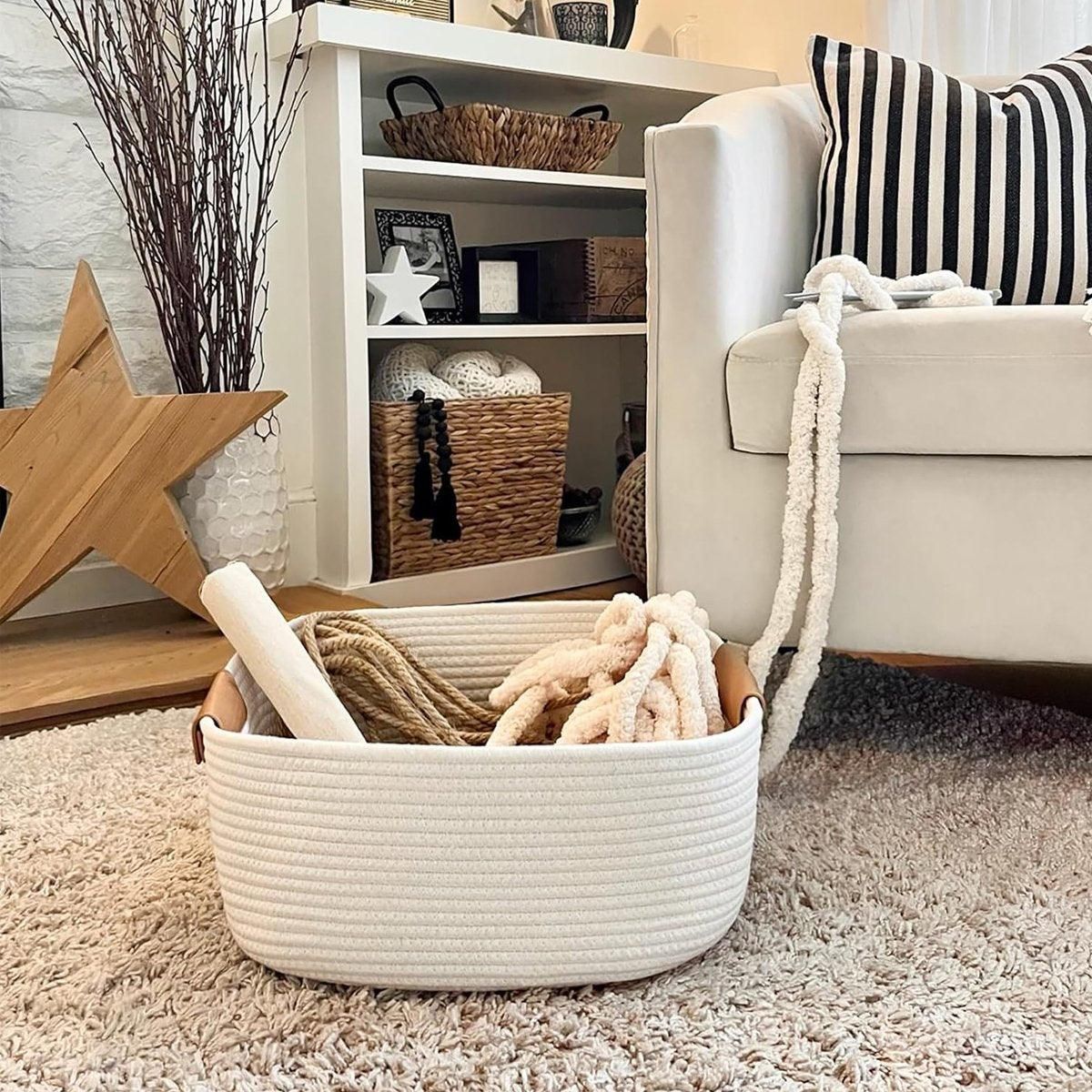 1-Piece White Cotton Rope Storage Basket with Handles