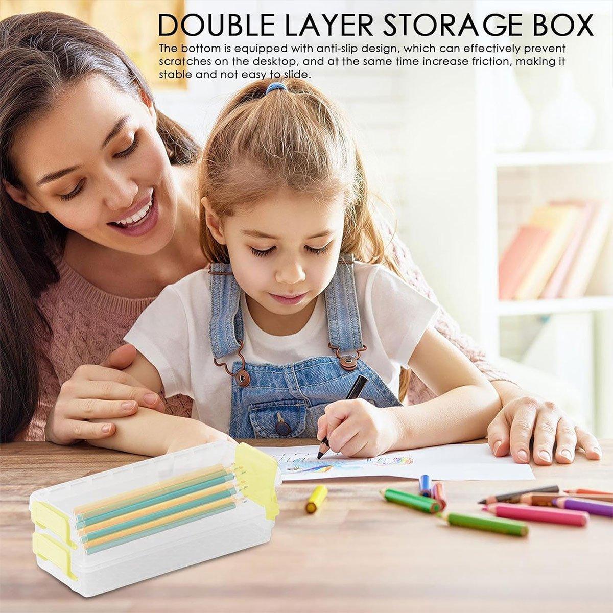 3PCS Clear Plastic Desktop Storage Box 2 Layer Holder DIY Stationery Pencil Case - Yellow