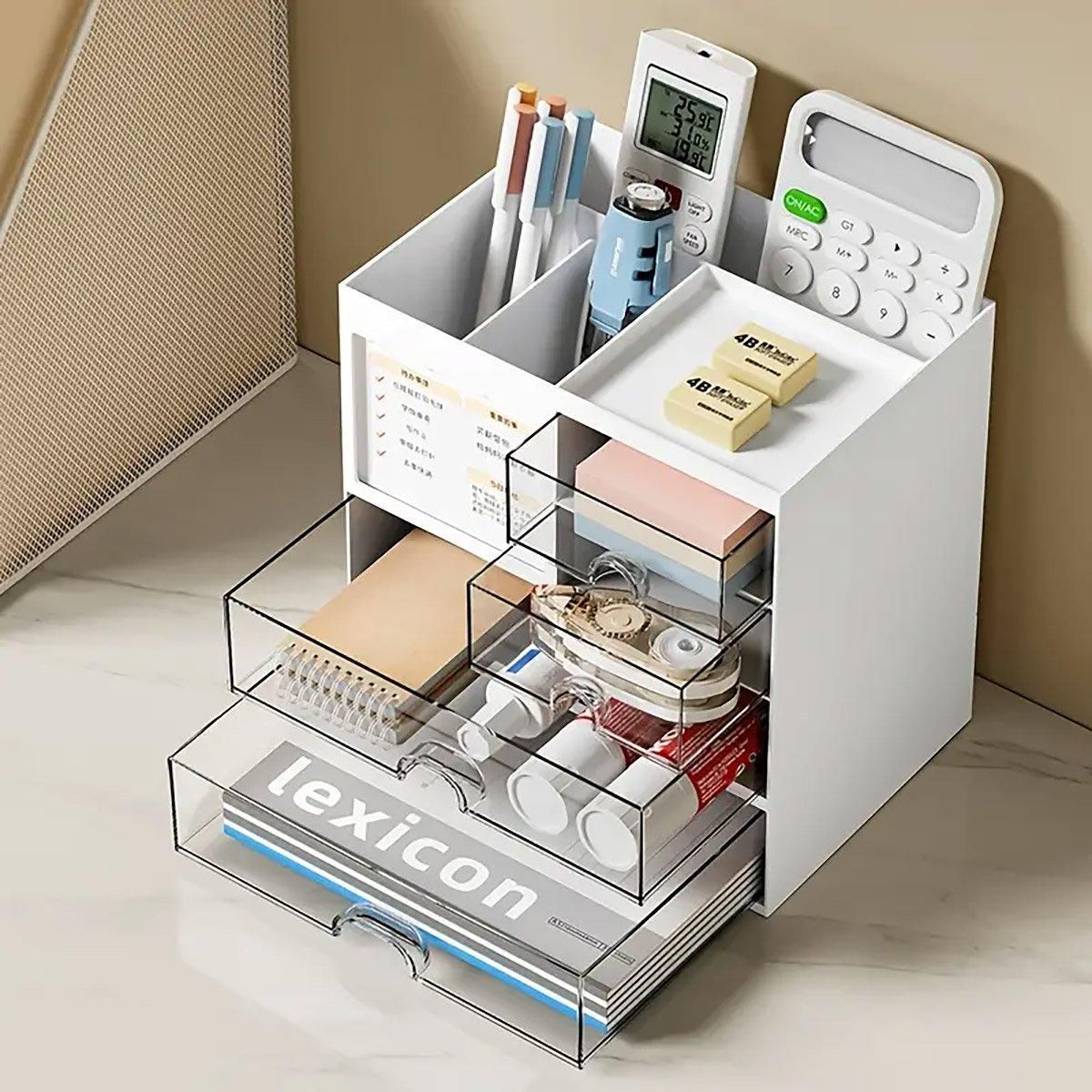 1-Piece Clear Desktop Drawer Organiser with 10 Labelling Cards