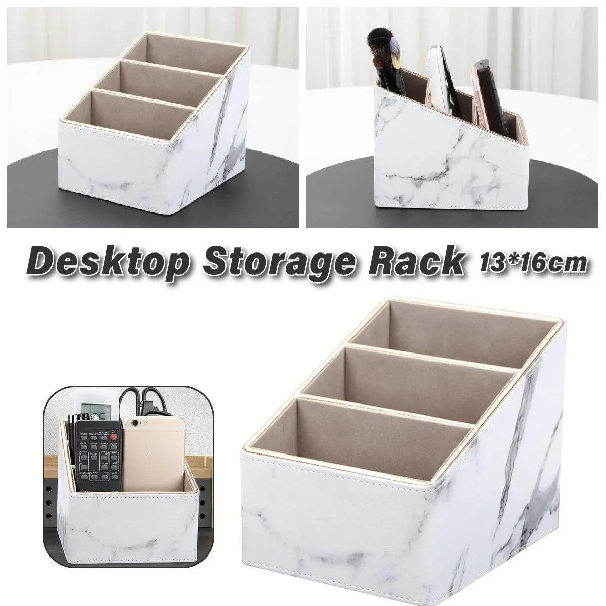 1-Piece White Marble-Pattern Three-Compartment Desktop Organiser