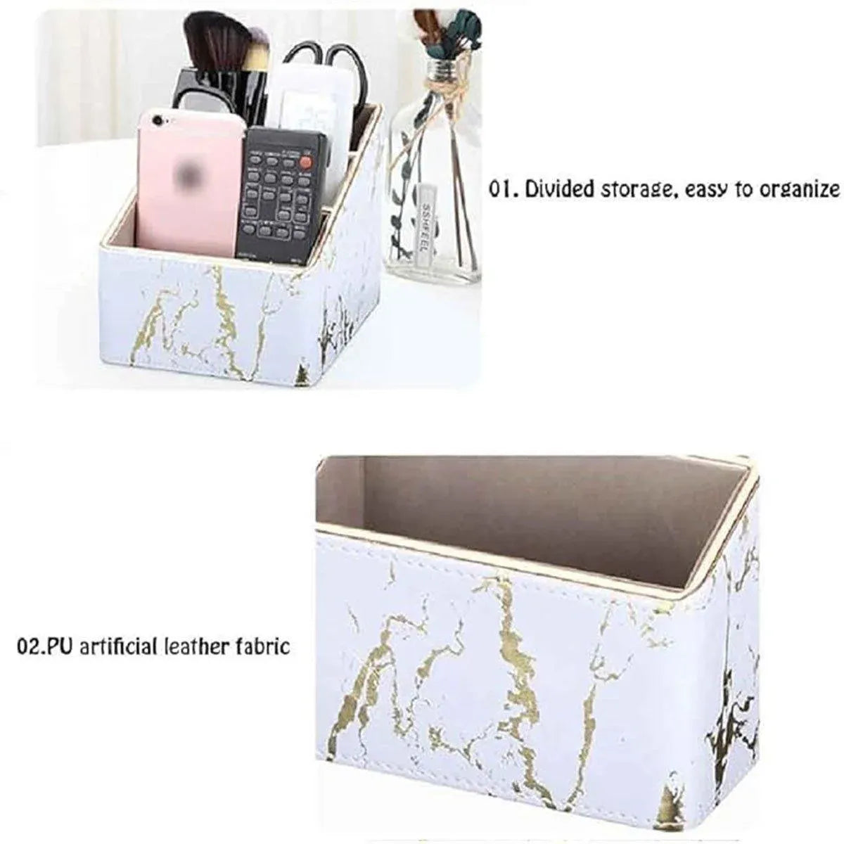 1-Piece White Marble-Pattern Three-Compartment Desktop Organiser