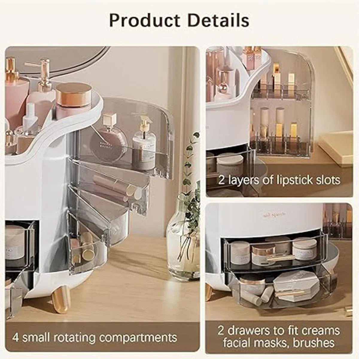 Large Capacity Cosmetic Storage Box Dustproof Organizer for Desktop Vanity Shelf - White
