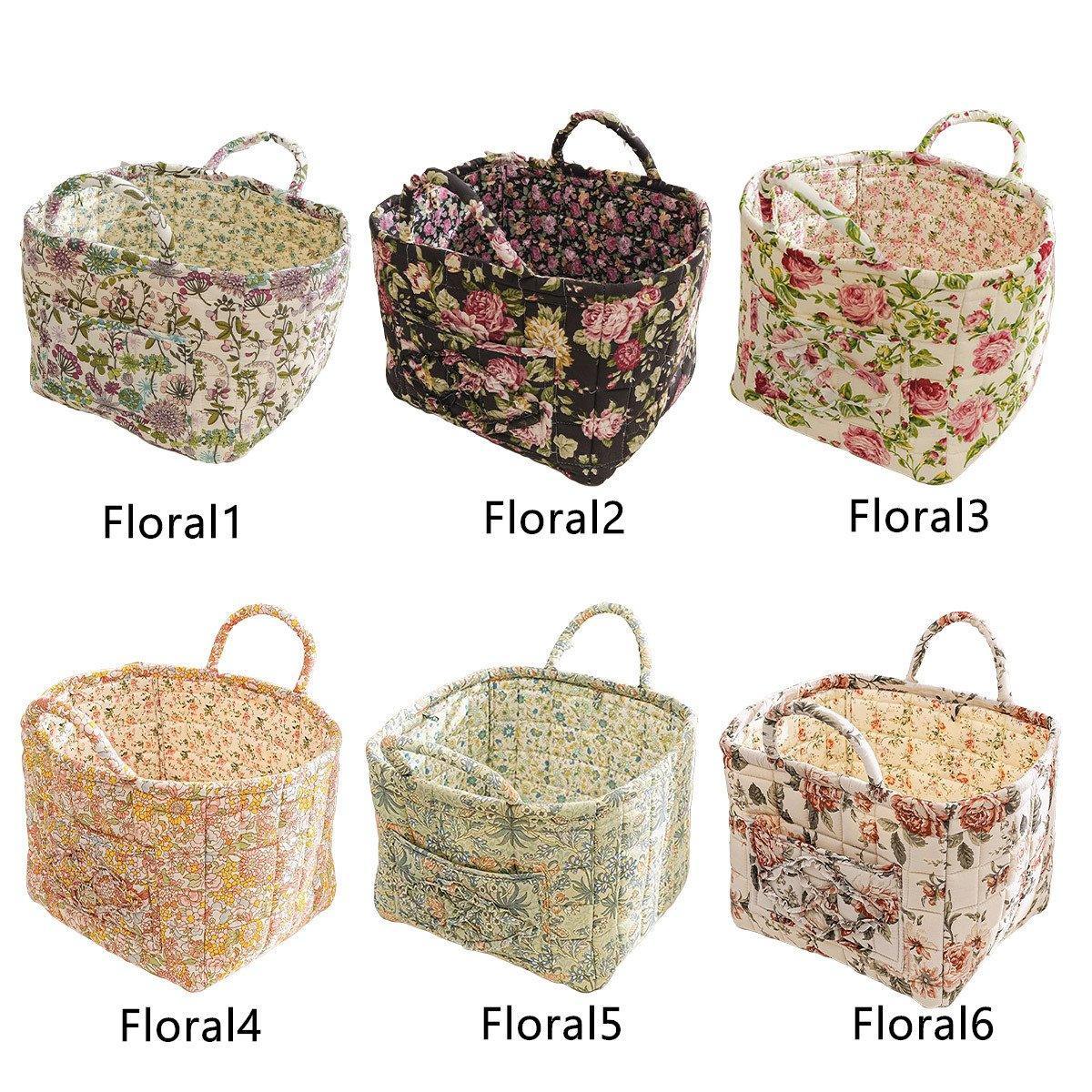 Portable Fabric Storage Basket Korean Pastoral Style Organizer for Home Sundries - Floral2