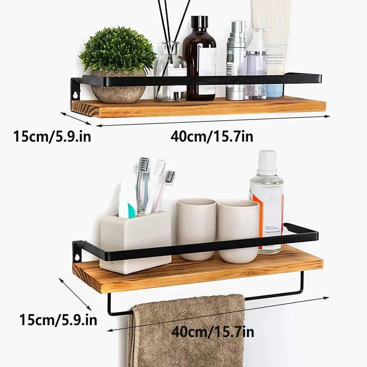 2-Piece Floating Wall Shelf Set with Towel Rails, Light Brown