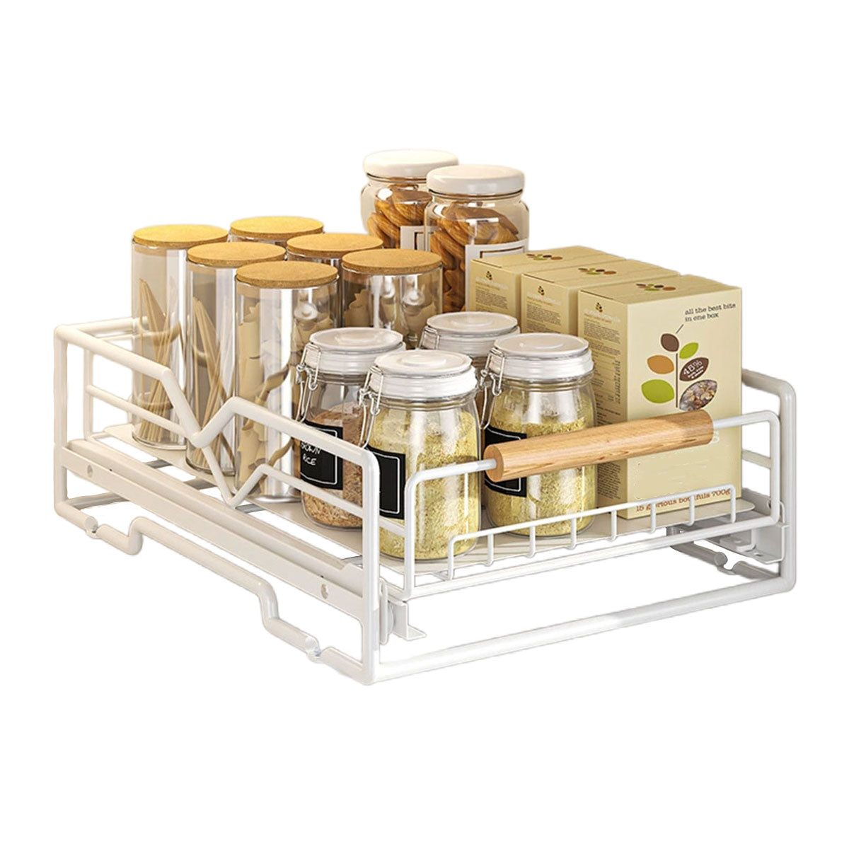 Pull Out Kitchen Storage Rack Basket Drawer Dish Organizer Slide Cabinet Shelf - White
