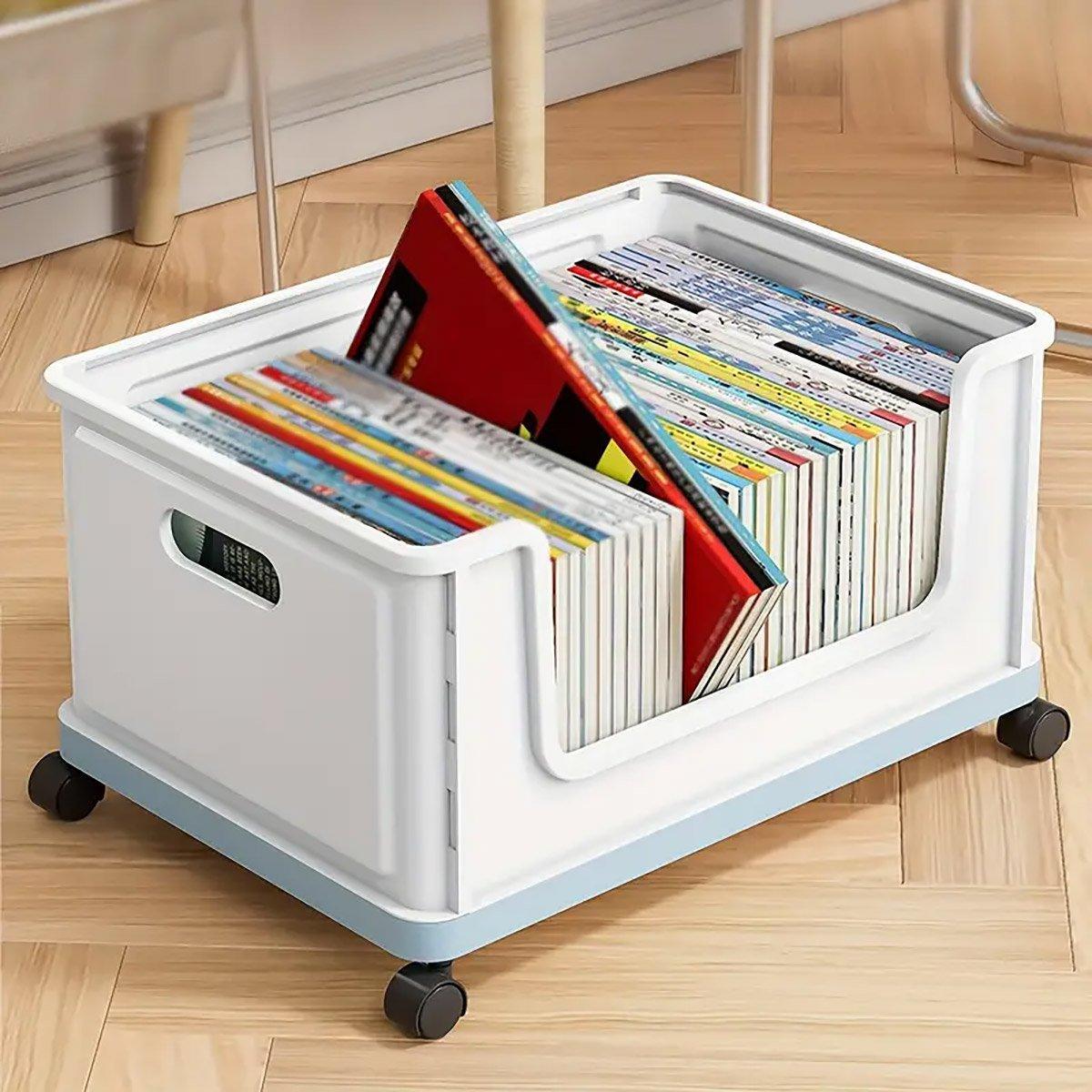 Under Desk Book Storage Box with Wheels Movable Classroom Student Organiser Rack - White