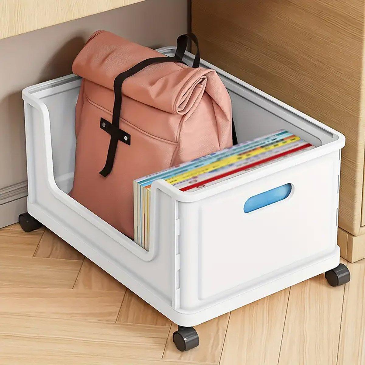 Under Desk Book Storage Box with Wheels Movable Classroom Student Organiser Rack - White