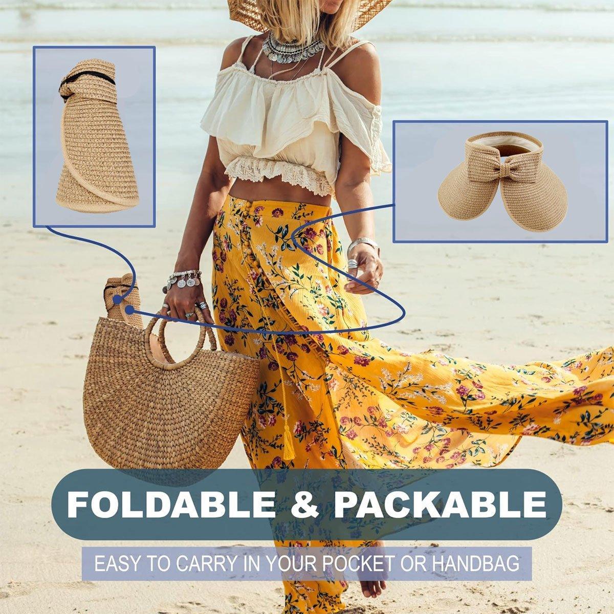 Women Roll Up Sun Visor Wide Brim Straw Hat Summer Foldable UV Protection Cap - Dark Brown