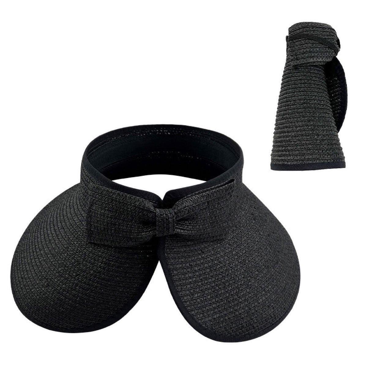 Women Roll Up Sun Visor Wide Brim Straw Hat Summer Foldable UV Protection Cap - Rose Red