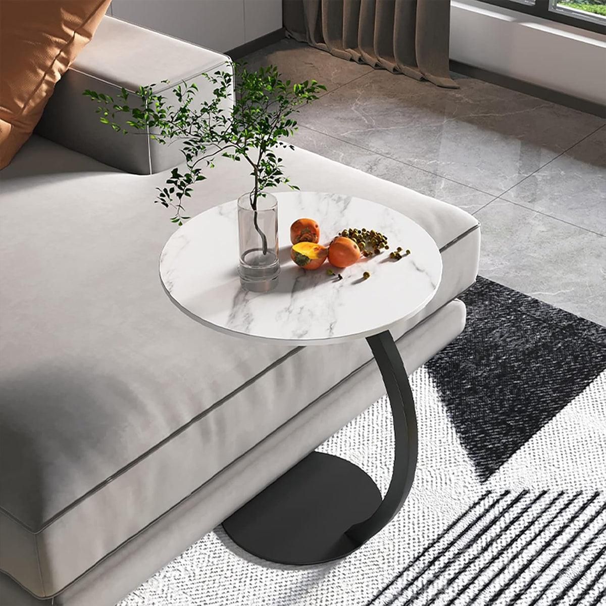 C Shaped Snack Side Table for Sofa Couch Small End Table for Living Room Bedroom - White-Black