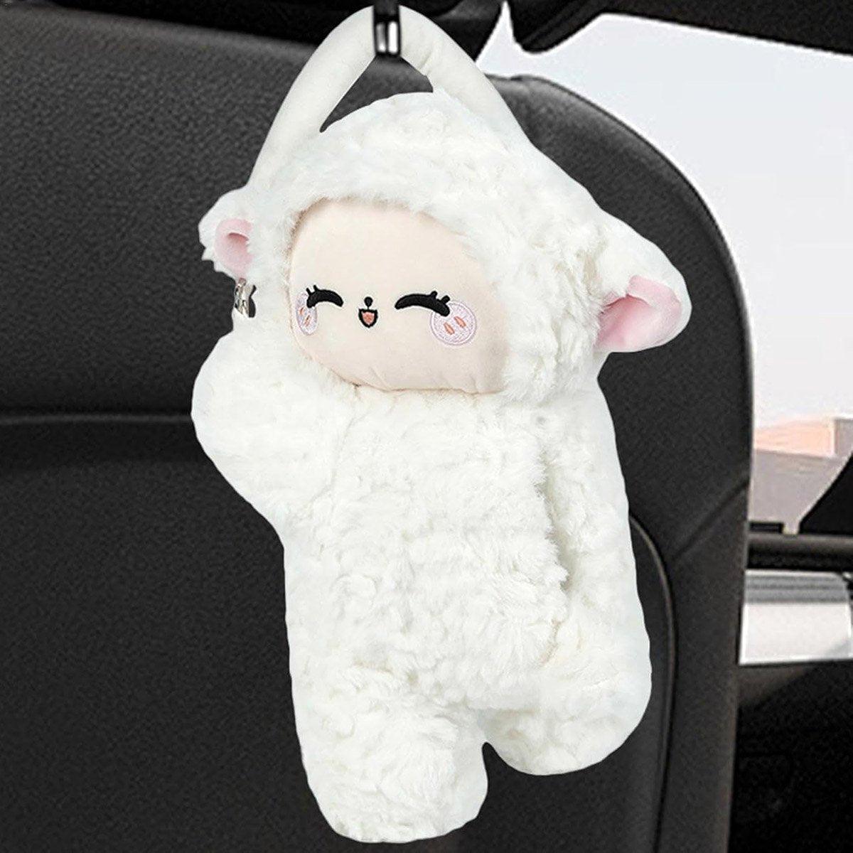 Car Tissue Box Multifunctional Hanging Drawer Box Cartoon Plush Sheep Design
