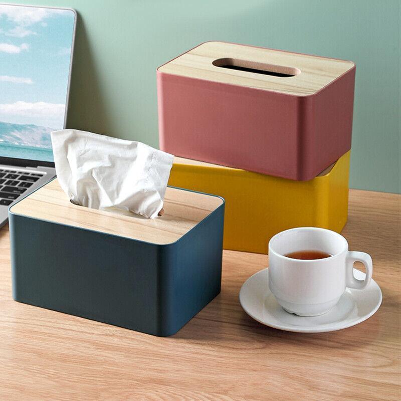 Wooden Lid Tissue Storage Box Dispenser for Napkins Desk Paper Holder Organiser - Blue