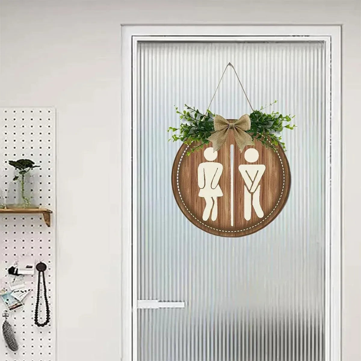 Round Restroom Door Sign with Bow and Greenery 23 x 23 cm - 1 Piece