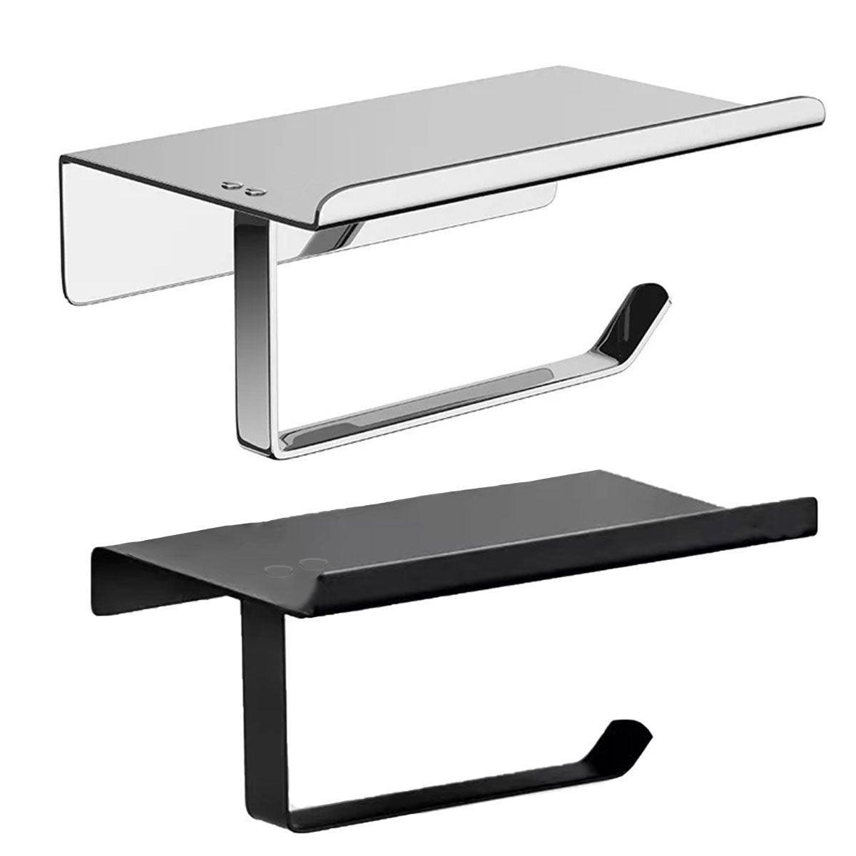 304 Stainless Steel Toilet Paper Holder Non-perforated Roll with Phone Rack - Silver