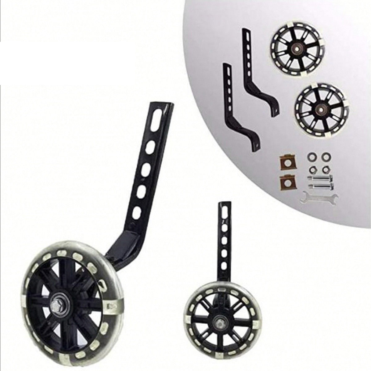 12–20 Inch Bike Training Wheels Flashing PVC Silent Stabilizer Auxiliary Support - Black