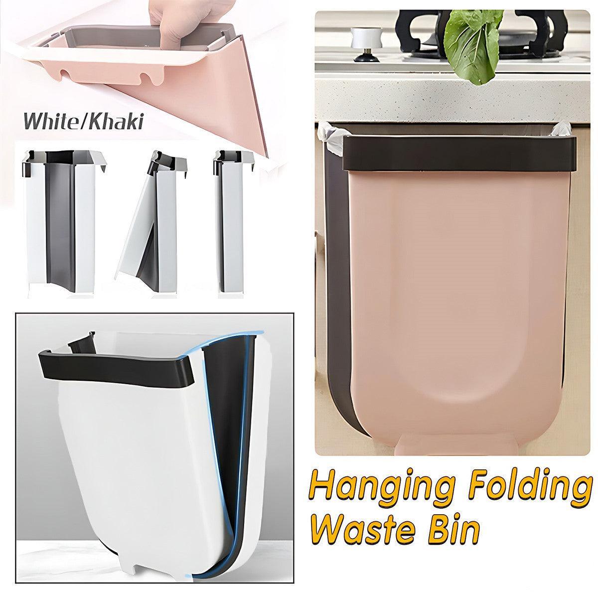 9L Hanging Bin Wall Mounted Folding Waste Bin Kitchen Dining Cabinet Trash Can - Khaki