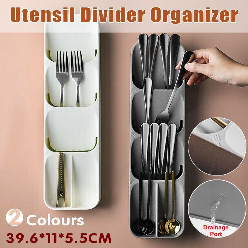 Kitchen Drawer Utensil Cutlery Tray Organizer Insert Spoon Fork Knife Divider Storage - White