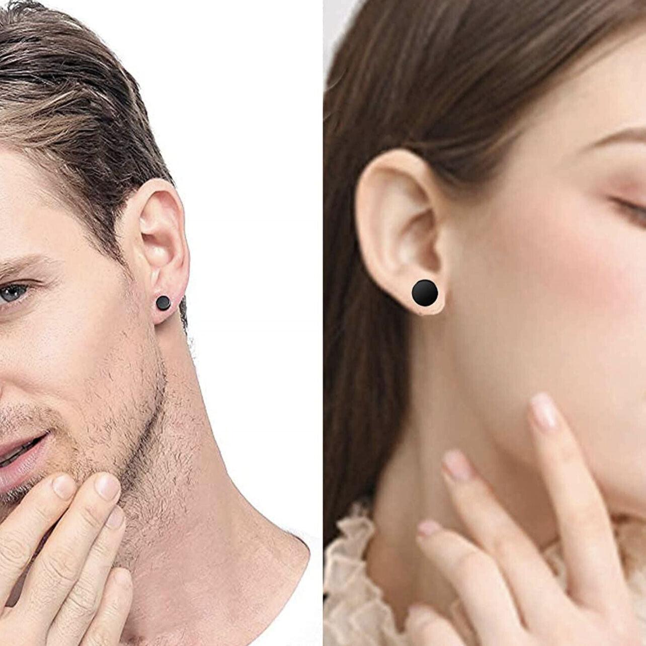 Pair Black Flat Round Barbell Plug Stud Earrings Stainless Steel Mens Gym 4-12Mm - 8mm