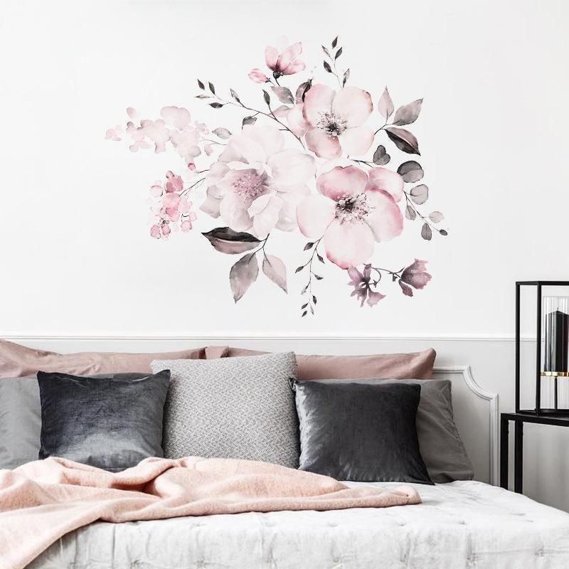 Removable Wall Stickers Watercolour Dusty Pink Flowers Leaves