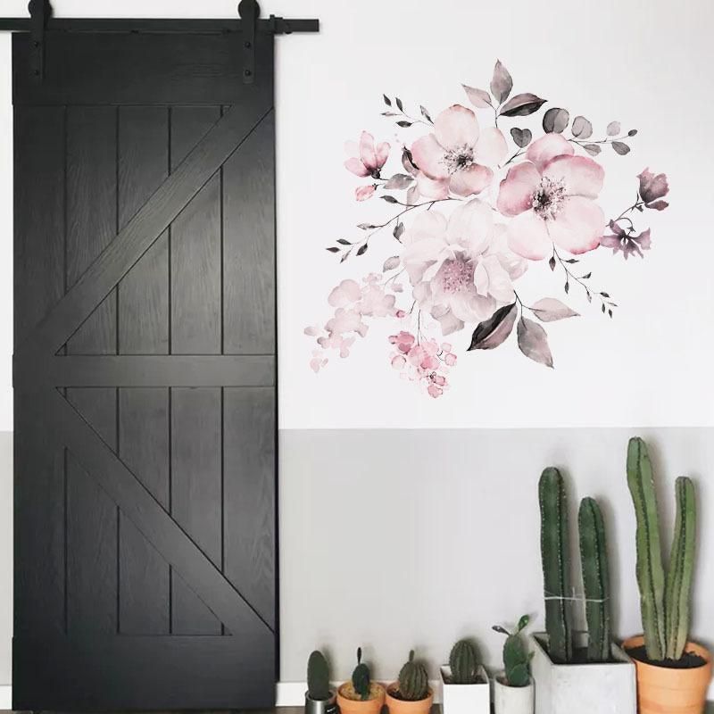 Removable Wall Stickers Watercolour Dusty Pink Flowers Leaves