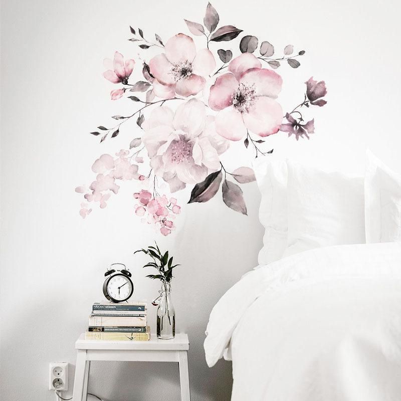 Removable Wall Stickers Watercolour Dusty Pink Flowers Leaves