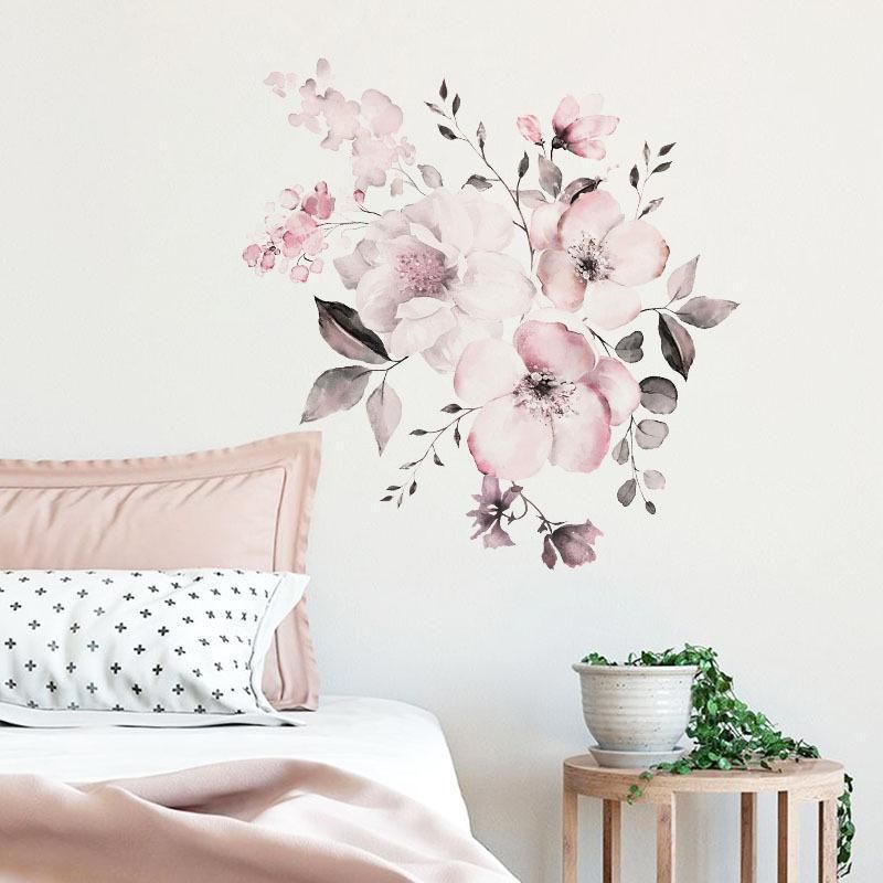 Removable Wall Stickers Watercolour Dusty Pink Flowers Leaves
