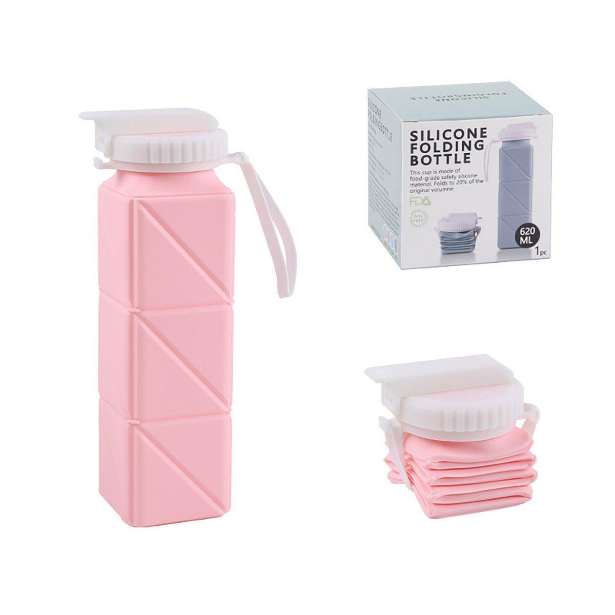 620ml Silicone Folding Water Bottle Food Grade Outdoor Sports Kettle High Temp - Pink